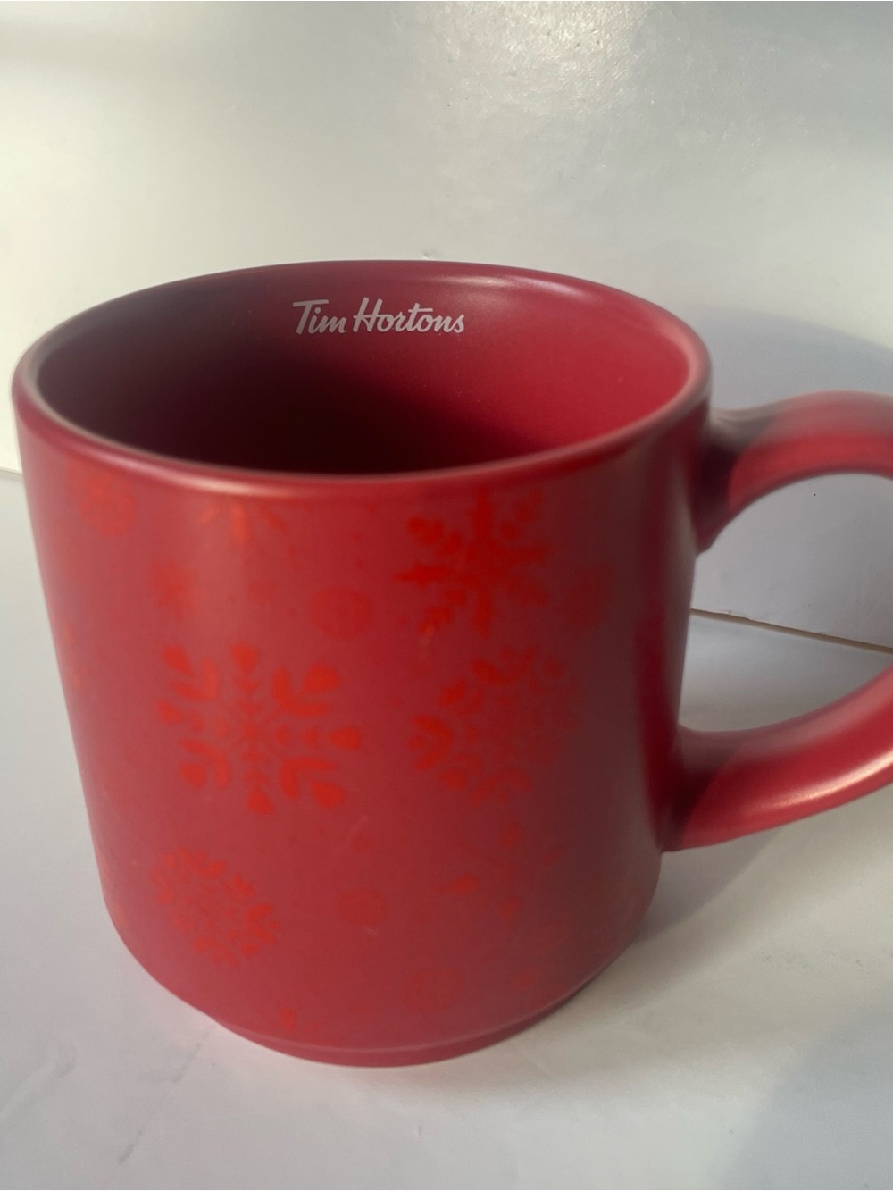 Tim Hortons 2021 Holiday Snowflake Red Ceramic Coffee Mug Cup Matte Finish